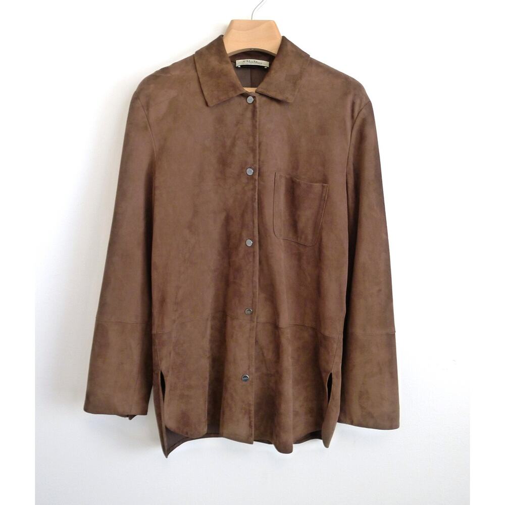 'S MAX MARA Esotico Brown Lamb Leather Suede Shirt Jacket Shacket Saks 4 38 $750 - Picture 4 of 13
